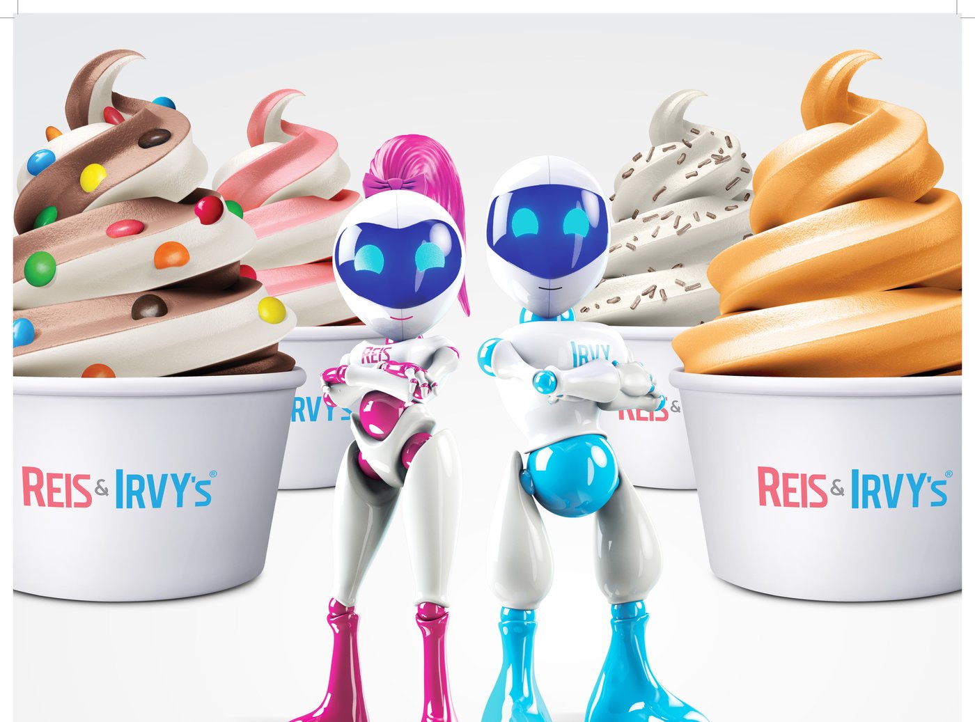 Reis & Irvy's robot mascots with frozen yogurt cups